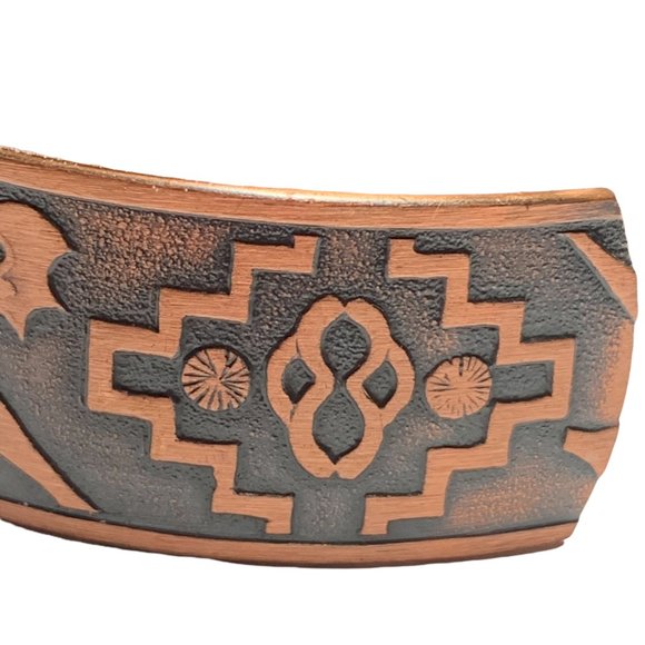 Vintage WHEELER Mfg Co WM Copper‎ South Western Themed Etched Cuff Bracelet - Picture 3 of 9